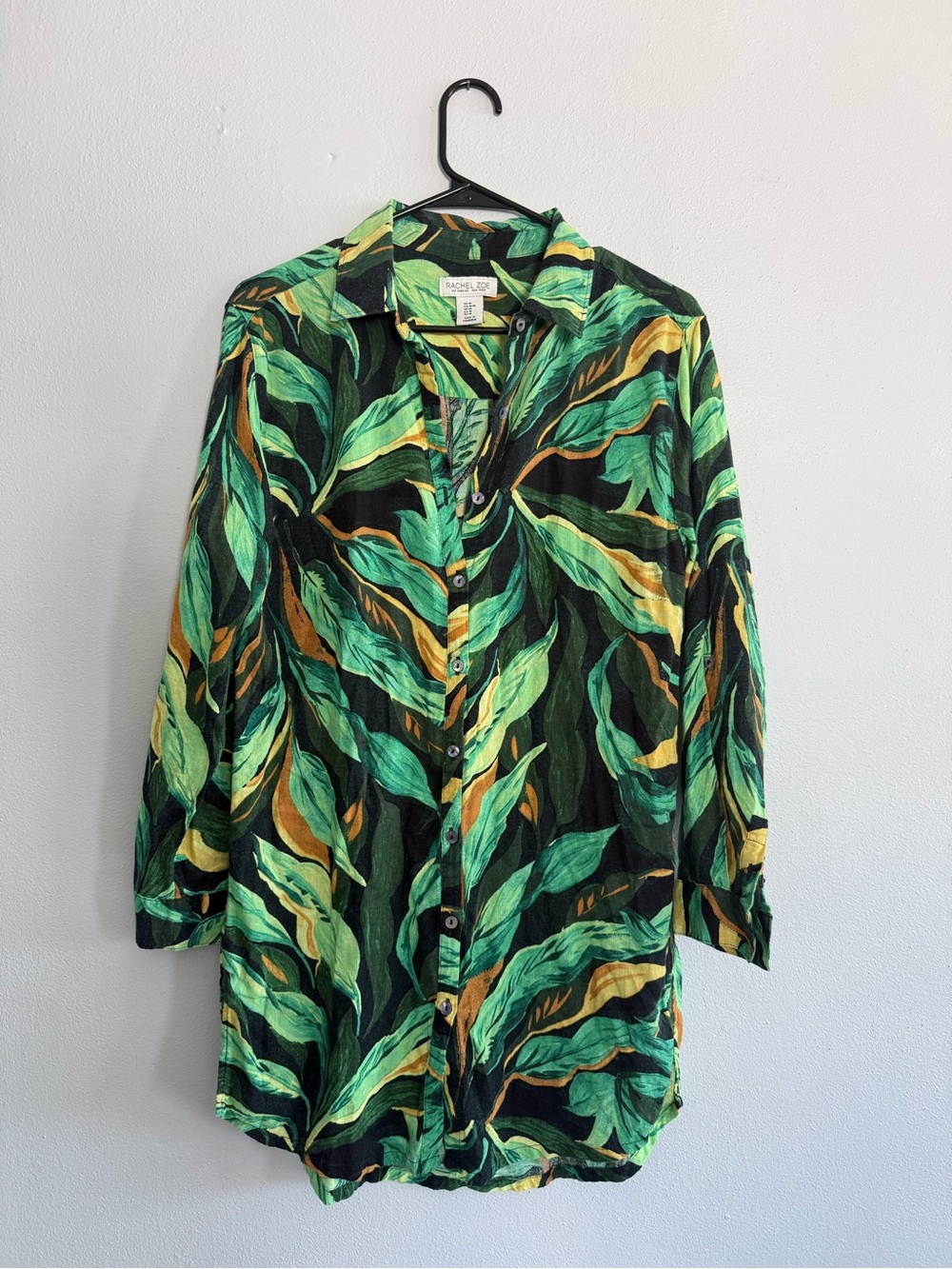 Rachel Zoe Tropical Leaf Linen Blend Button Down Tunic Cover Up - size M